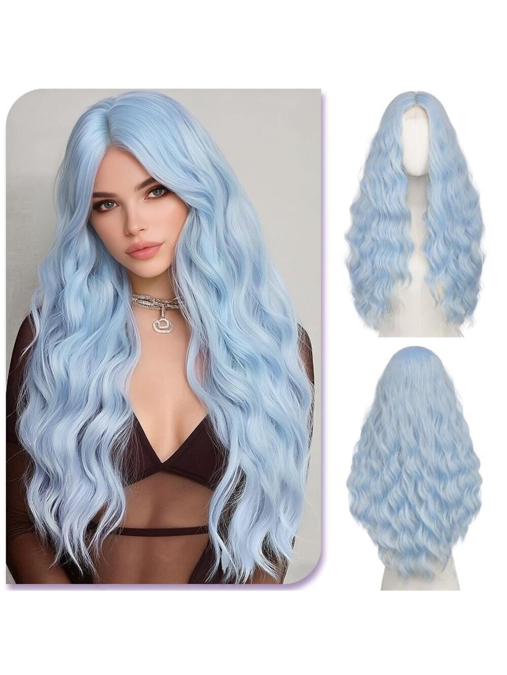 Women's Sky Blue 28 Inch Lace Front Soft Synthetic Long Wavy Curly Wigs